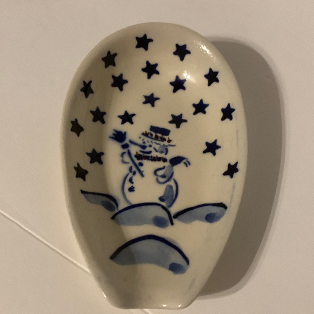 Spoon rest, hand made POLAND, BOLESLAWIEC  , blues stars, snowman ☃️